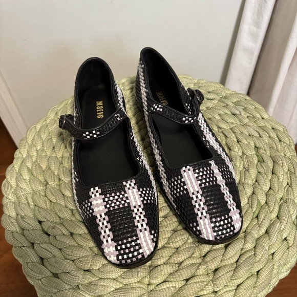 Anthropologie Maeve Black/White Leather Square Toe Woven Mary Jane Flats NWT - Picture 7 of 14